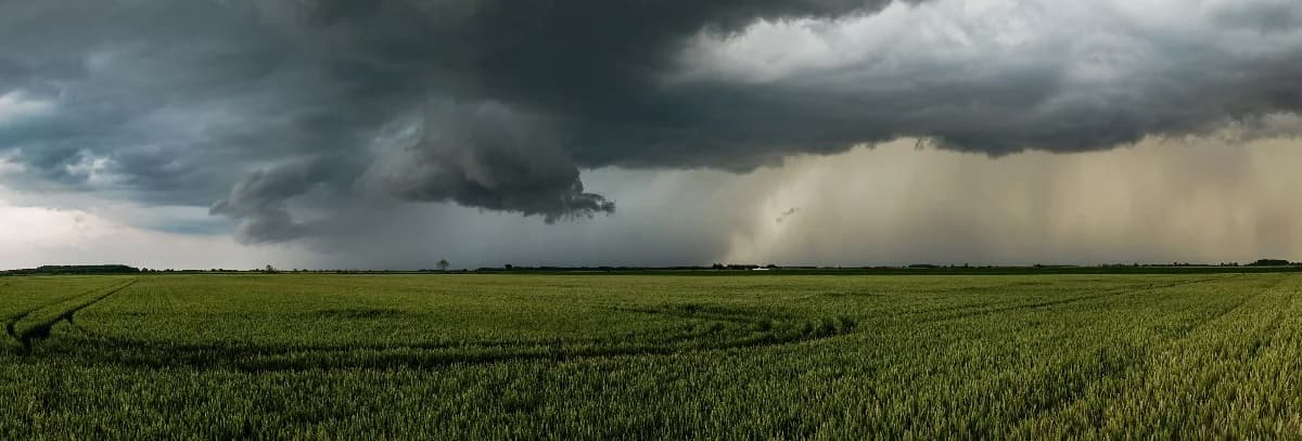 A storm front sweeping across an open field of green crops.